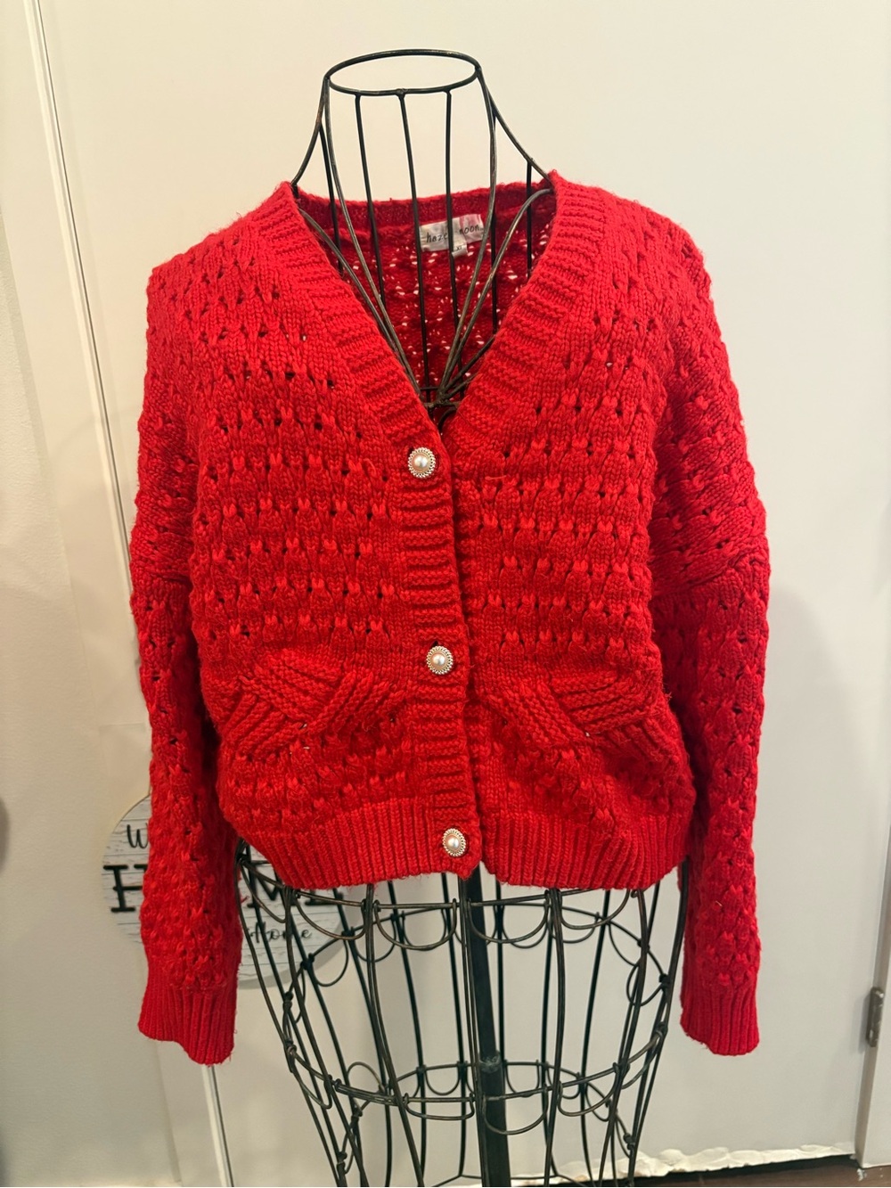 Chunky Red Knit Cardigan with Pearl Buttons